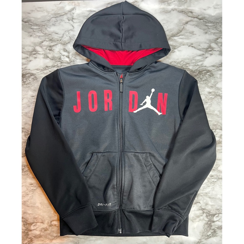 Kids Jordan Dri Fit Full Zip Hoodie Black Red Jock Tag Size M 10 12 Years